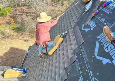 A storm damaged roof that we repaired and then did a full shingle replacement on a home in Leander Texas.