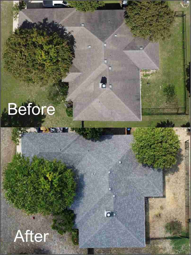 Extreme Hail Damage on a Roof in Central Texas Before and after images of an asphalt shingle roof replacement job in Leander Texas using Ownens Corning Driftwood Roofing